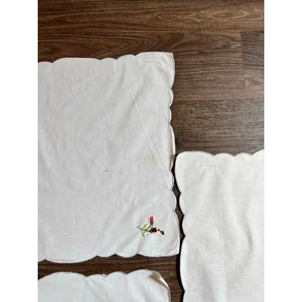 Vintage 5pc Cloth Napkins White Cotton Red Floral Rose Embroidery AS IS 15
